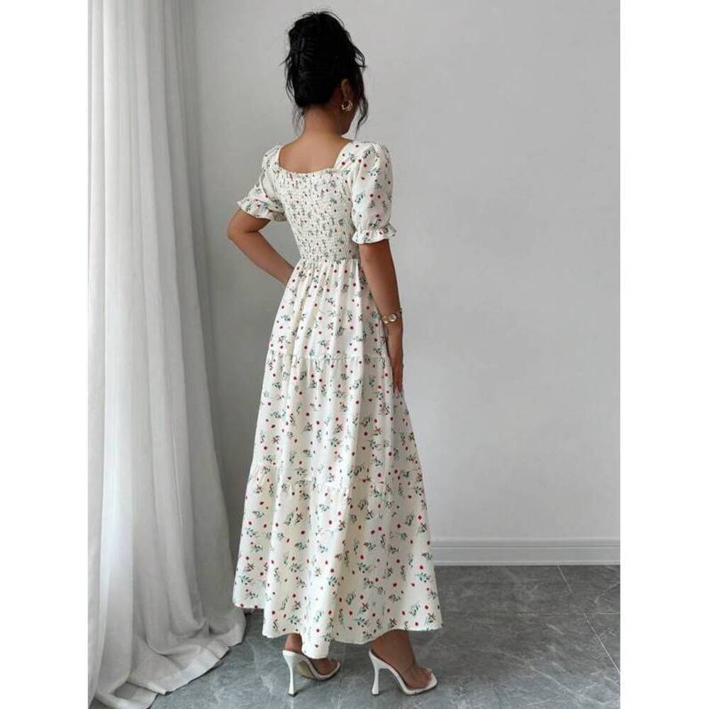 Elenzga Floral Square Collar Cinched Waist A-Line Pa - Picture 2 of 7